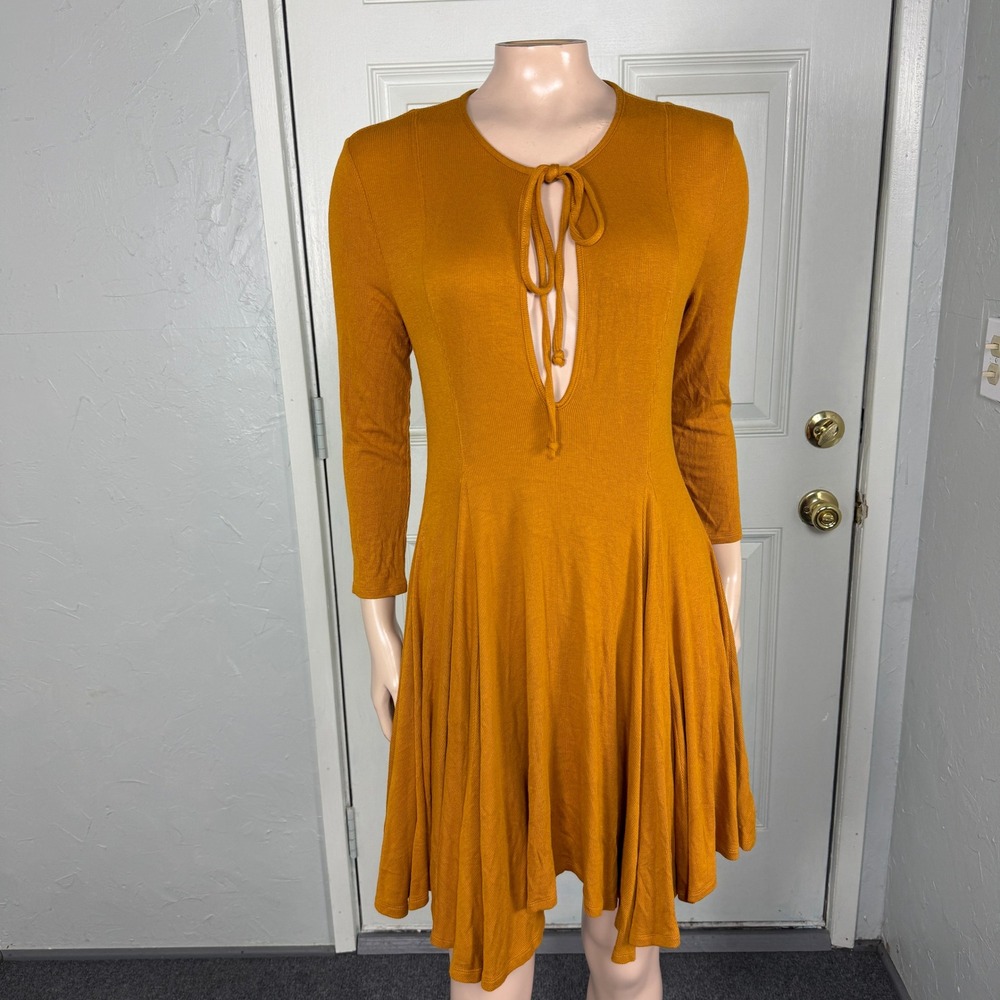 Free people Beach Women's Dress XS Picnic Mustard Yellow Tie Long sleeve Z4-9
